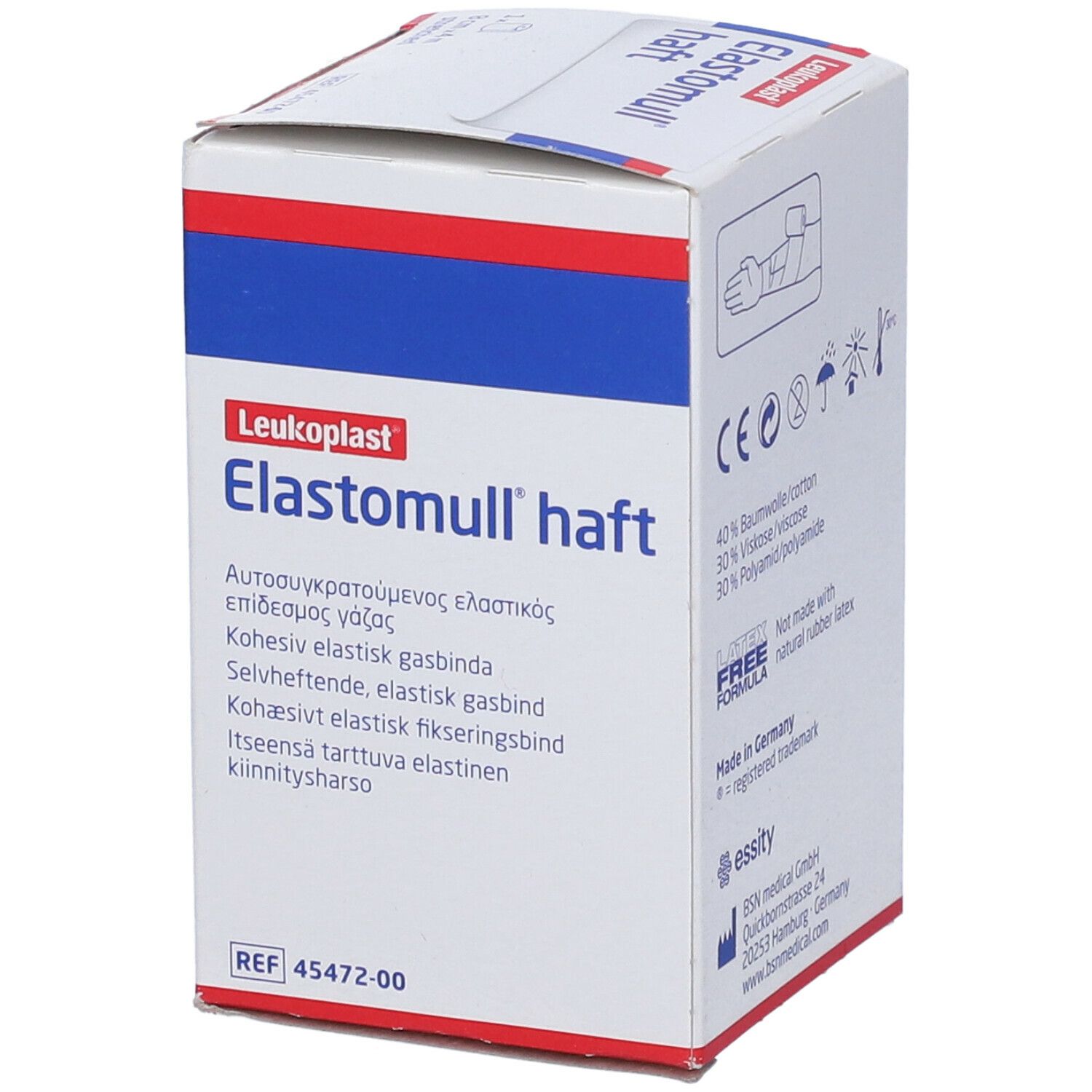 Confezione di Elastomull haft. Testo multilingue. Marchio Leukoplast. Dispositivo medico.