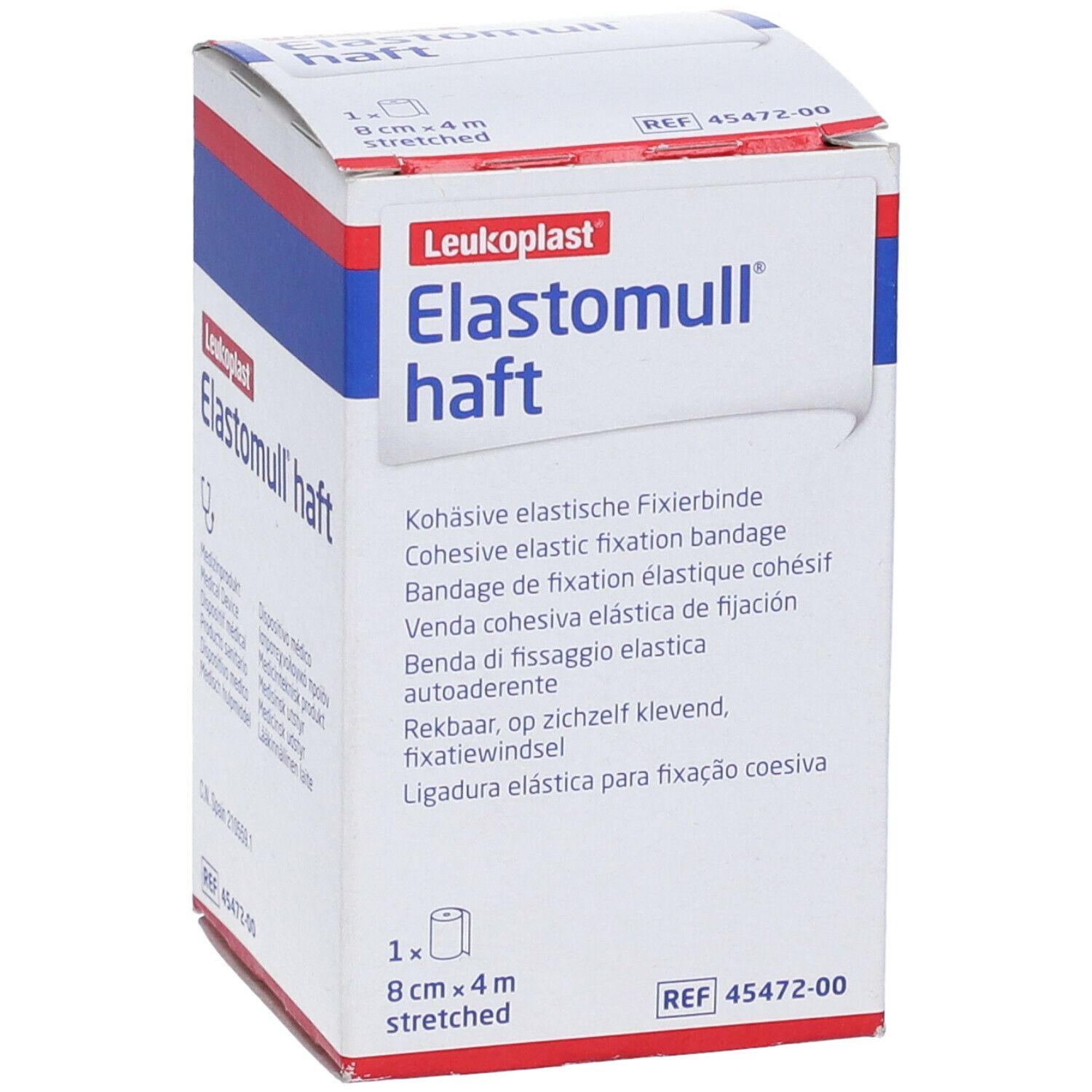 Confezione di Elastomull haft, 8cm x 4m. Marchio Leukoplast. Testo: Benda di fissaggio elastica.