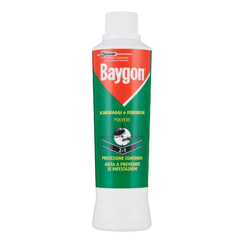 Flacone Baygon. Etichetta verde, rossa e bianca. Testo: Scarafaggi e Formiche Polvere Grani. Protezione 2 in 1. Tappo bianco.