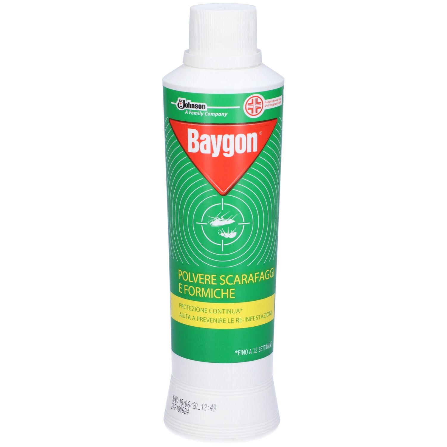 Flacone Baygon. Etichetta verde, rossa e bianca. Testo: Polvere Scarafaggi e Formiche. Tappo bianco. Sfondo con cerchi.