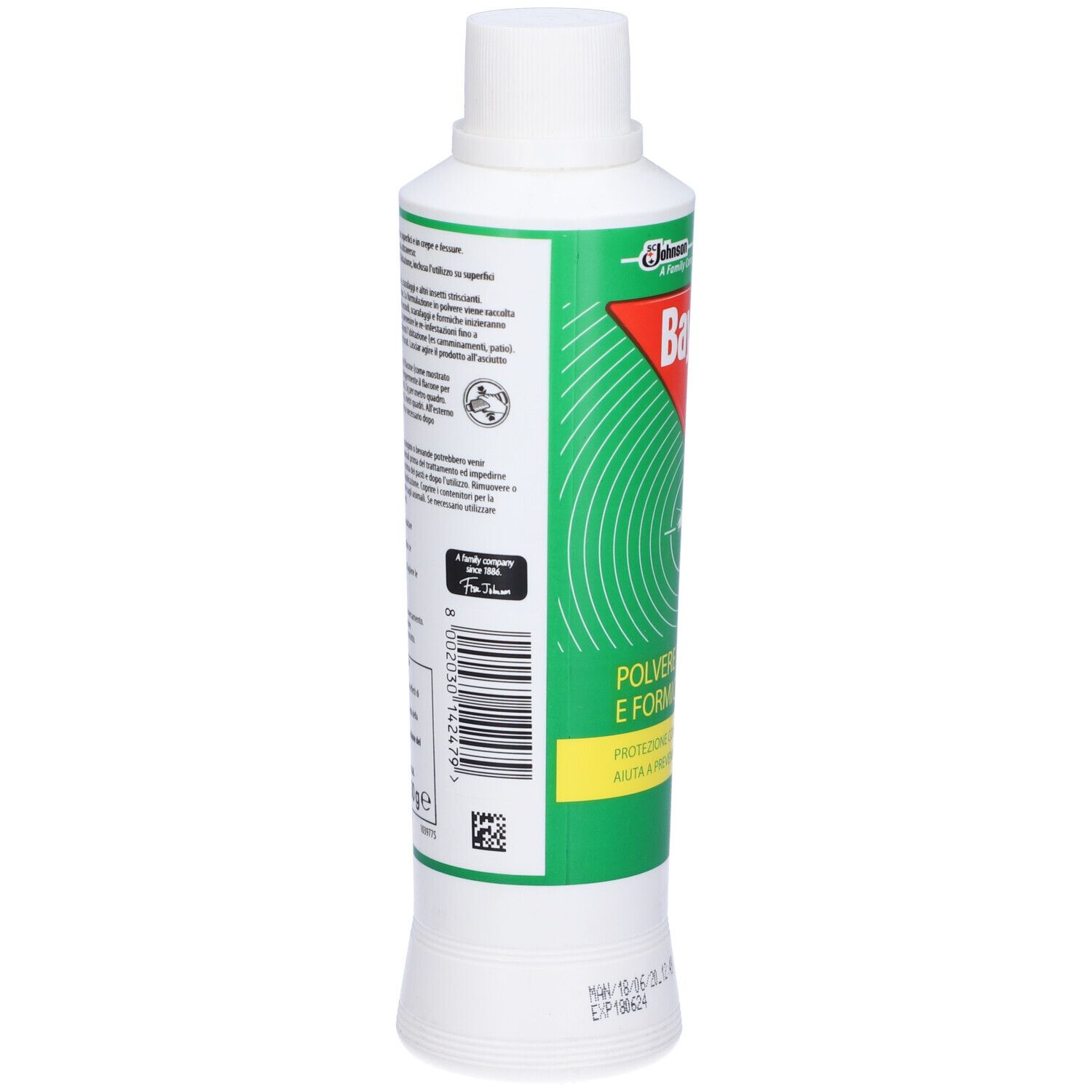 Flacone Baygon. Retro con testo e codice a barre. Etichetta verde e bianca. Tappo bianco. Testo in italiano.