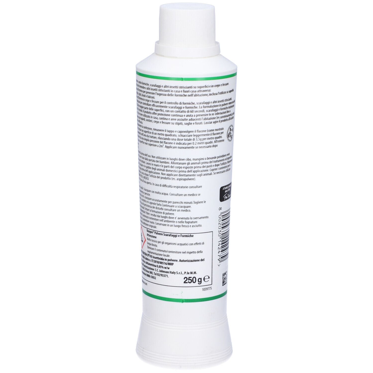 Flacone Baygon. Retro con testo e codice a barre. Etichetta verde e bianca. Tappo bianco. Testo in italiano.