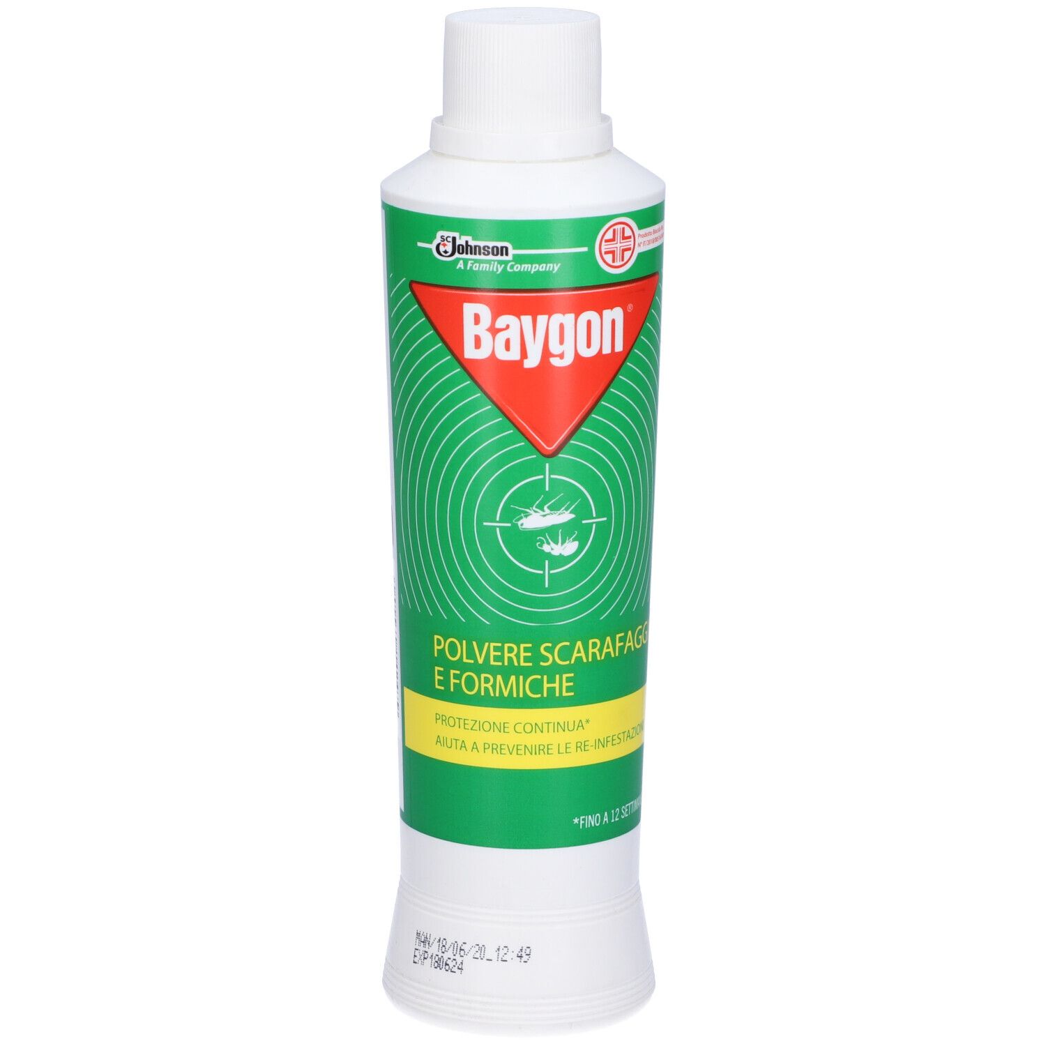 Flacone Baygon. Etichetta verde, rossa e bianca. Testo: Polvere Scarafaggi e Formiche. Tappo bianco. Sfondo con cerchi.