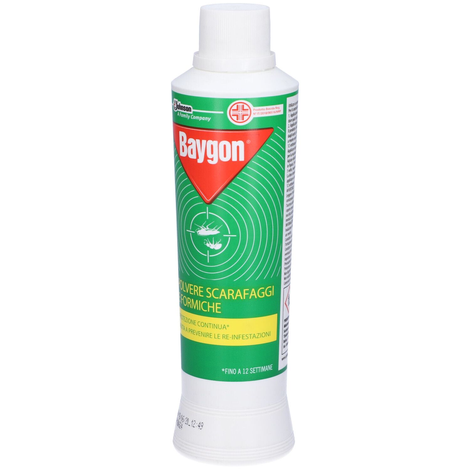 Flacone Baygon. Etichetta verde, rossa e bianca. Testo: Polvere Scarafaggi e Formiche. Tappo bianco. Sfondo con cerchi.