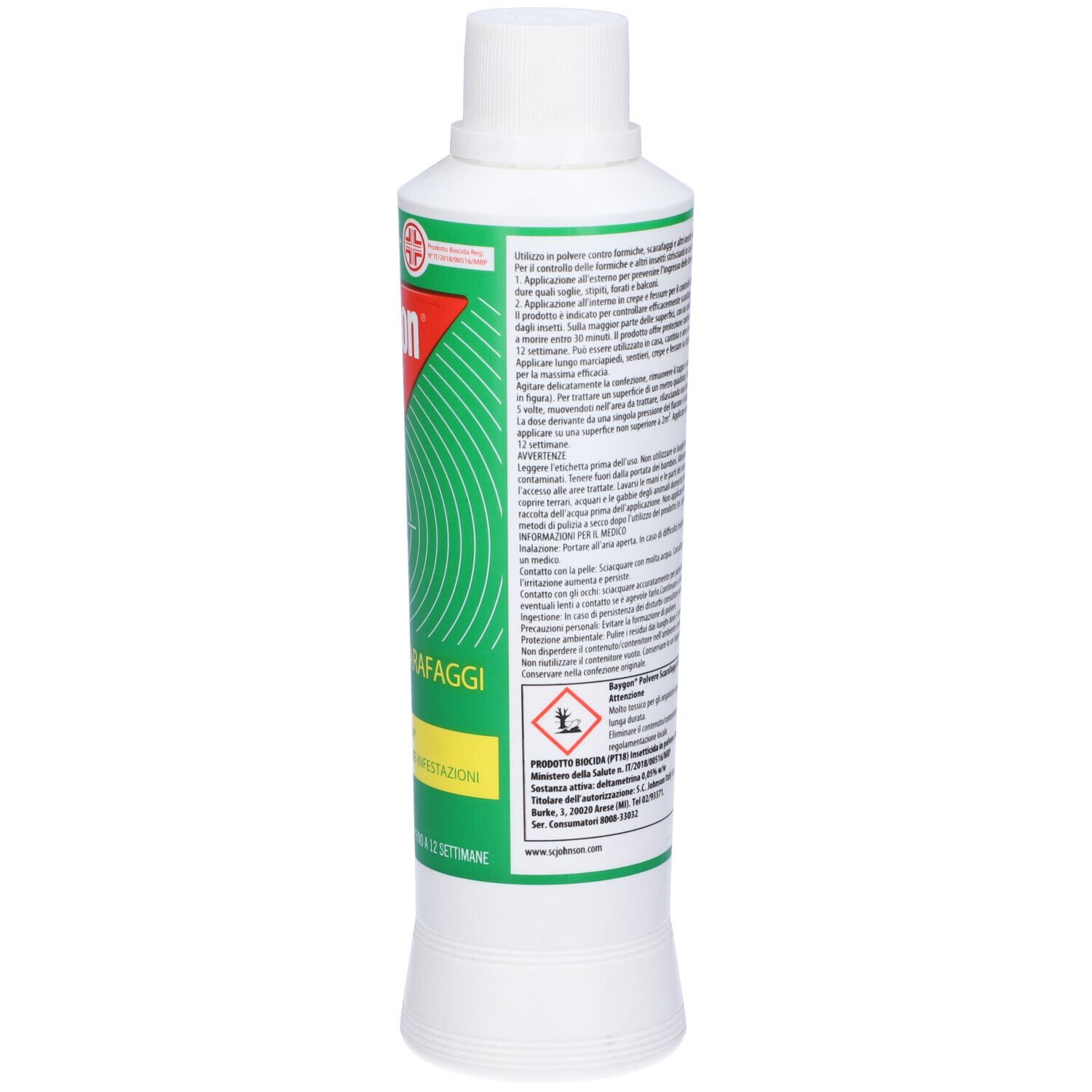 Flacone Baygon. Retro con testo e simboli. Etichetta verde e bianca. Tappo bianco. Testo in italiano.