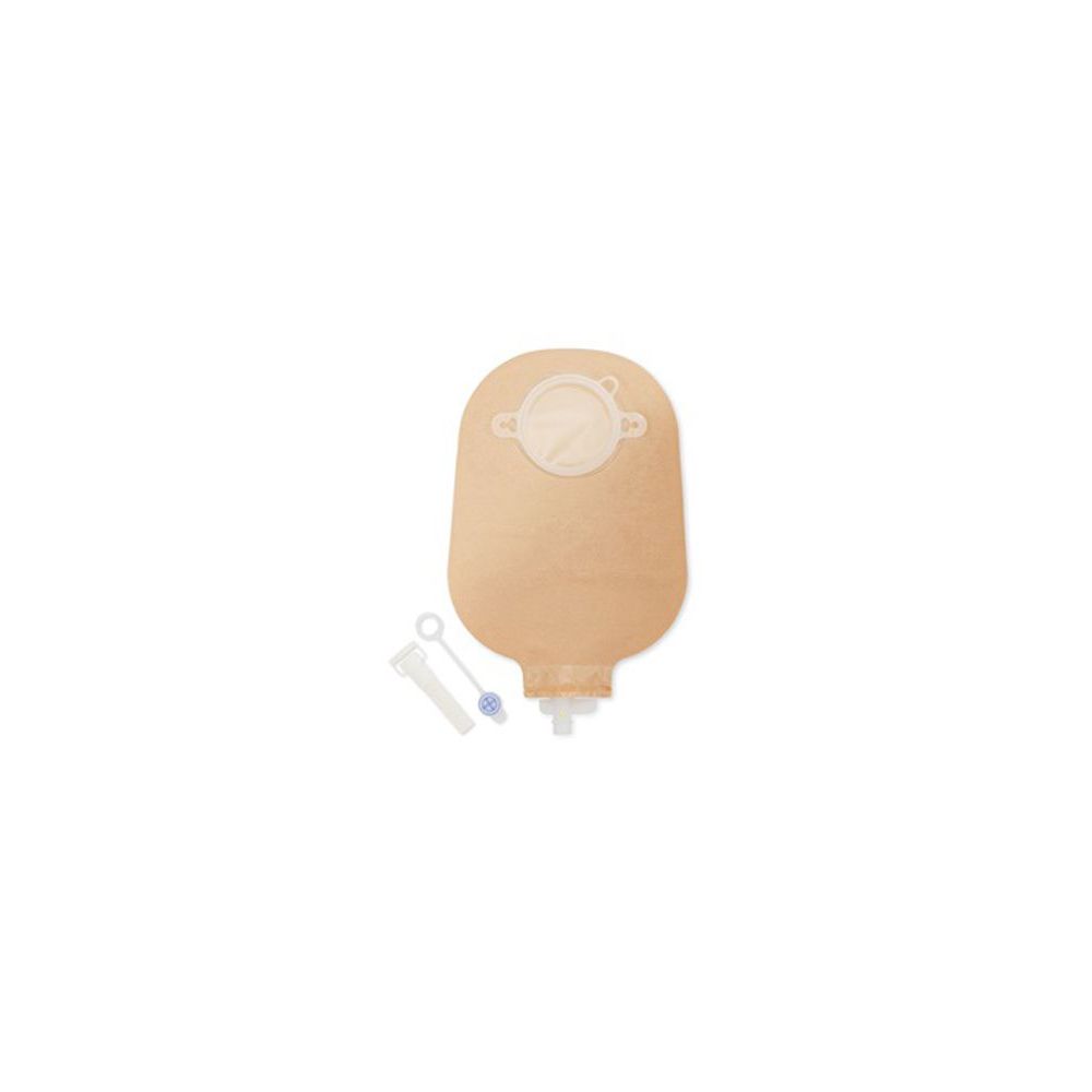 Sistema per urostomia. Forma ovale beige. Con chiusura e accessori.