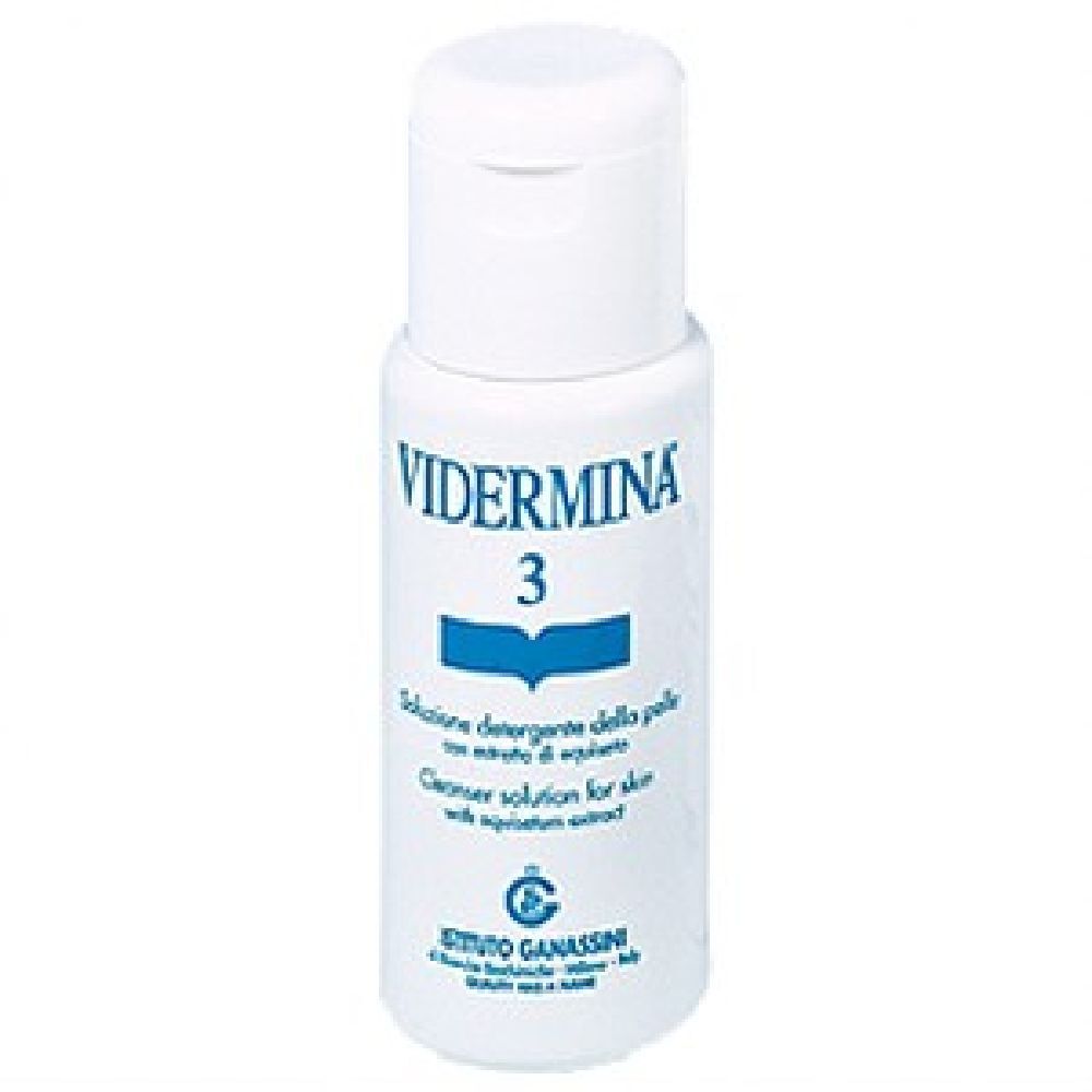 Flacone bianco con tappo a ribalta. Scritta: Vidermina 3. Strisce blu e rosa. Testo: Soluzione detergente per la pelle.