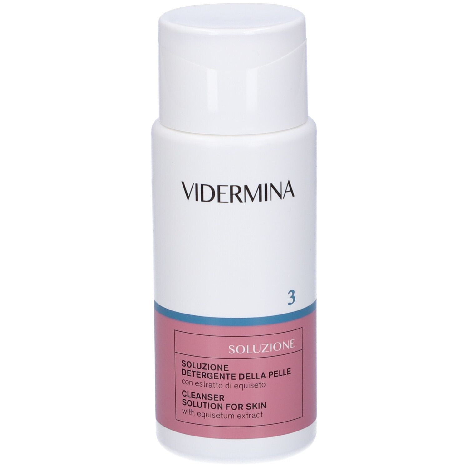 Flacone bianco con tappo a ribalta. Scritta: Vidermina 3. Etichetta rosa con testo: Soluzione detergente per la pelle.