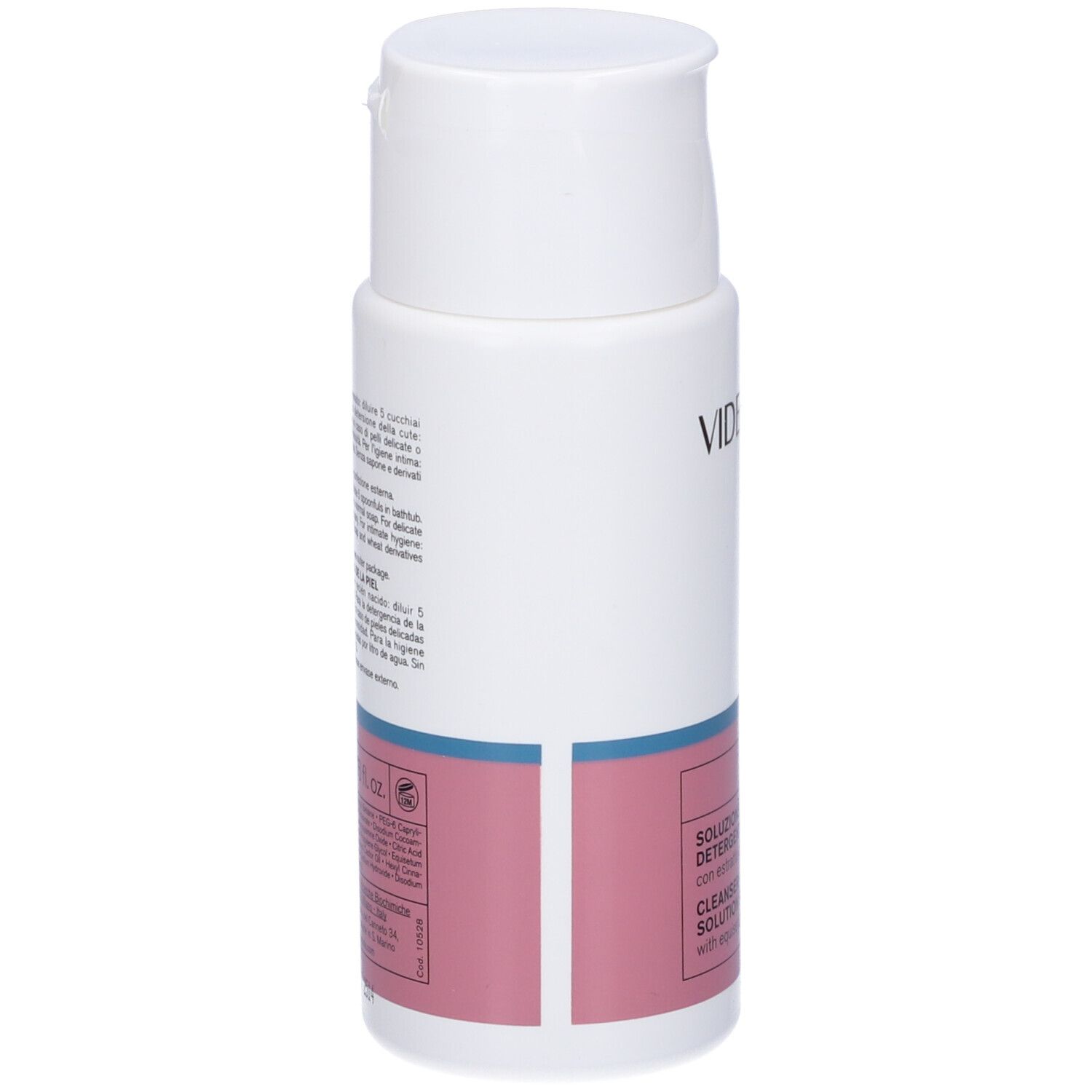 Flacone bianco con tappo a ribalta. Scritta: Vidermina 3. Etichetta rosa con testo: Soluzione detergente per la pelle.