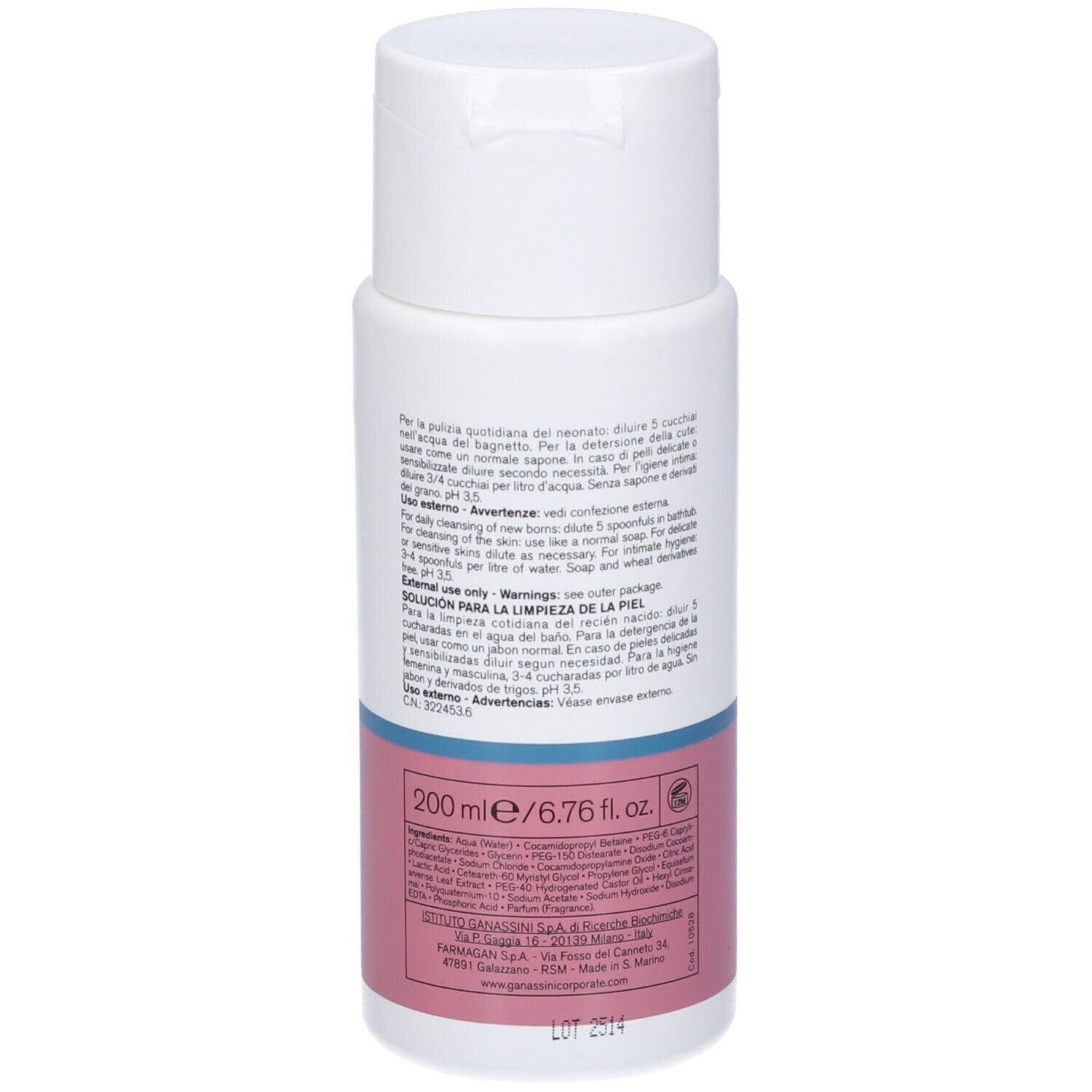 Flacone bianco con tappo a ribalta. Scritta: Vidermina 3. Etichetta rosa con testo: Soluzione detergente per la pelle. 200 ml.