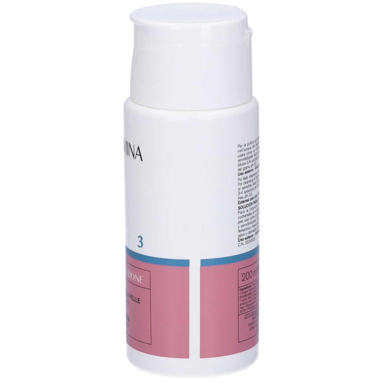 Flacone bianco con tappo a ribalta. Scritta: Vidermina 3. Etichetta rosa con testo: Soluzione detergente per la pelle. 200 ml.
