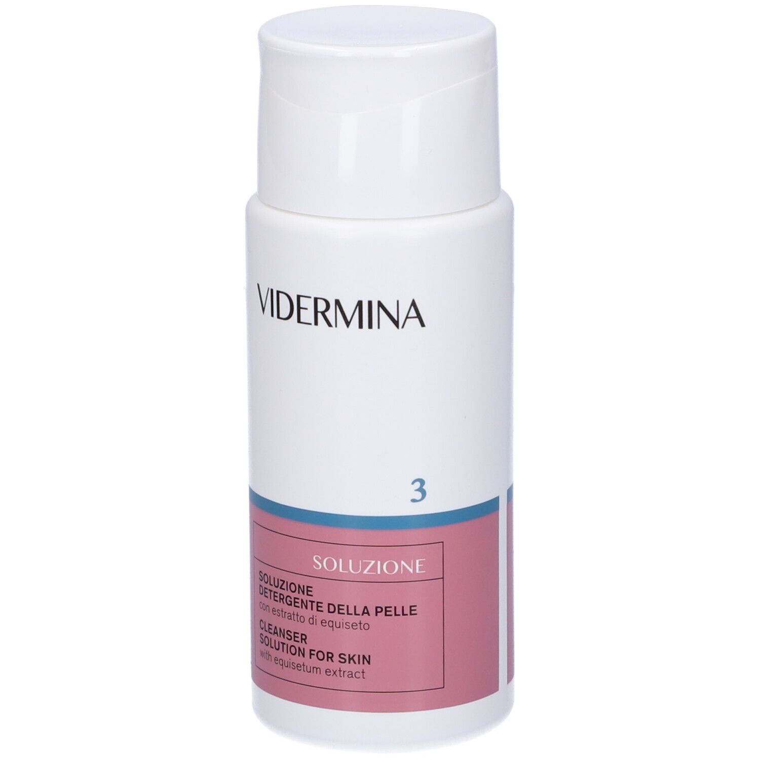 Flacone bianco con tappo a ribalta. Scritta: Vidermina 3. Etichetta rosa con testo: Soluzione detergente per la pelle.