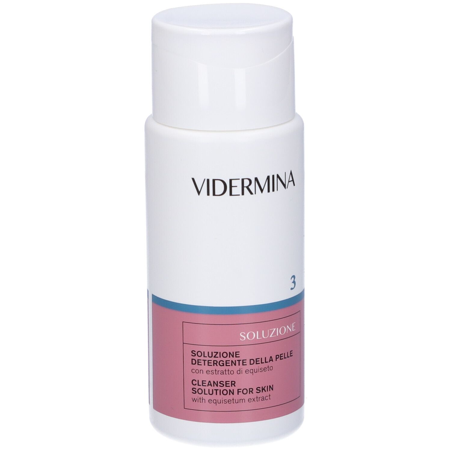 Flacone bianco con tappo a ribalta. Scritta: Vidermina 3. Etichetta rosa con testo: Soluzione detergente per la pelle.