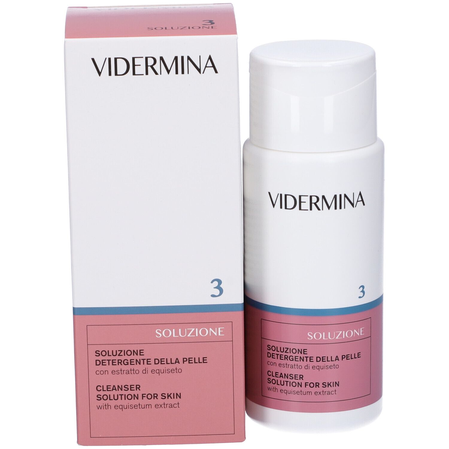 Confezione del prodotto con flacone e scatola. Scritta: Vidermina 3. Etichetta rosa con testo: Soluzione detergente per la pelle.