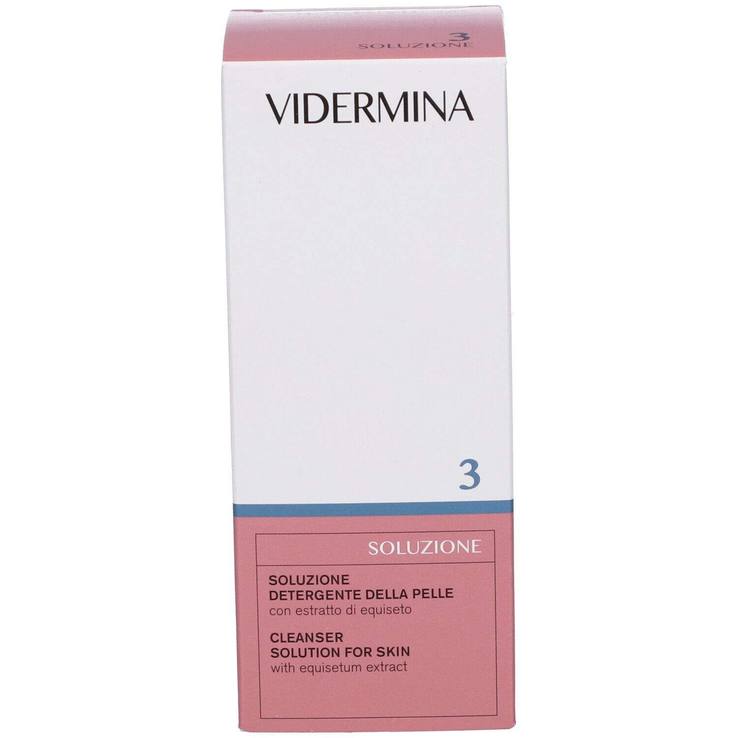 Confezione del prodotto con scatola. Scritta: Vidermina 3. Etichetta rosa con testo: Soluzione detergente per la pelle.