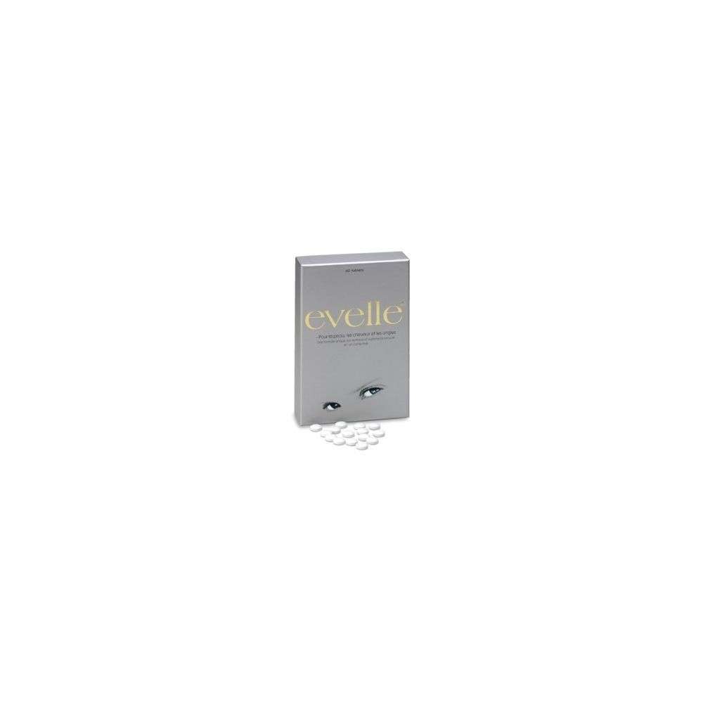Confezione argentata con scritta Evelle e diverse compresse bianche.