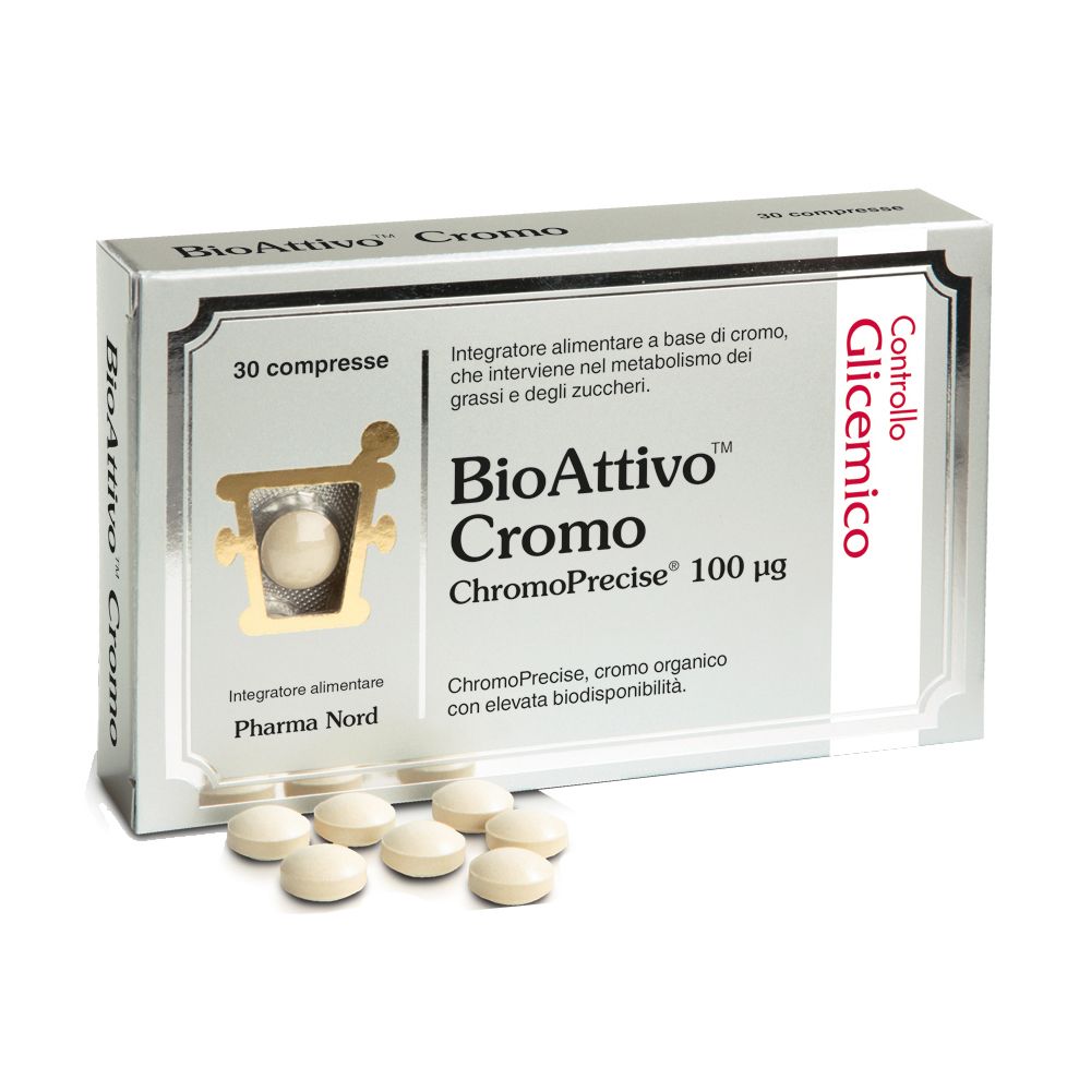 Scatola di compresse. Scritto: BioAttivo Cromo, 30 compresse, ChromoPrecise 100 µg. Con certificazione.