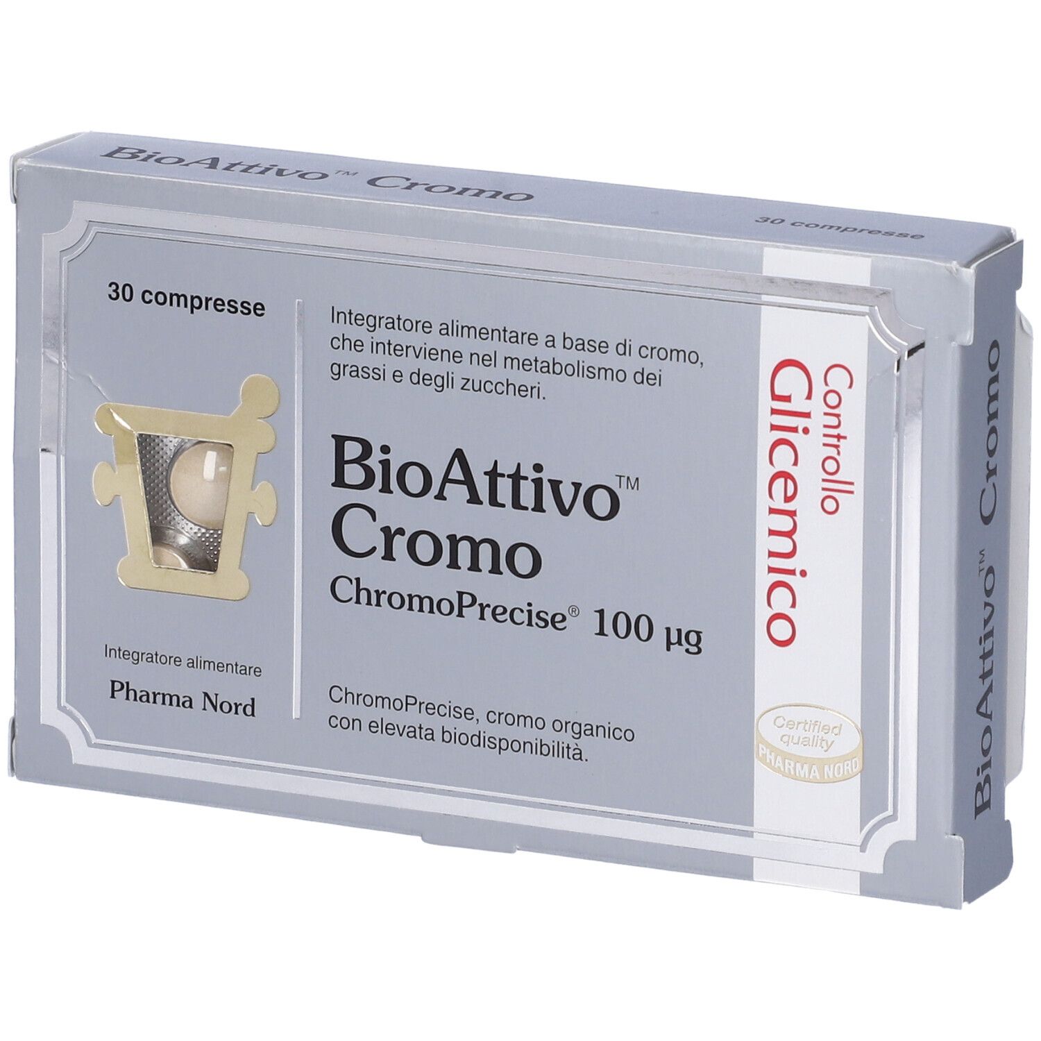 Scatola grigia di compresse. Scritto: BioAttivo Cromo, 30 compresse, ChromoPrecise 100 µg. Con certificazione.