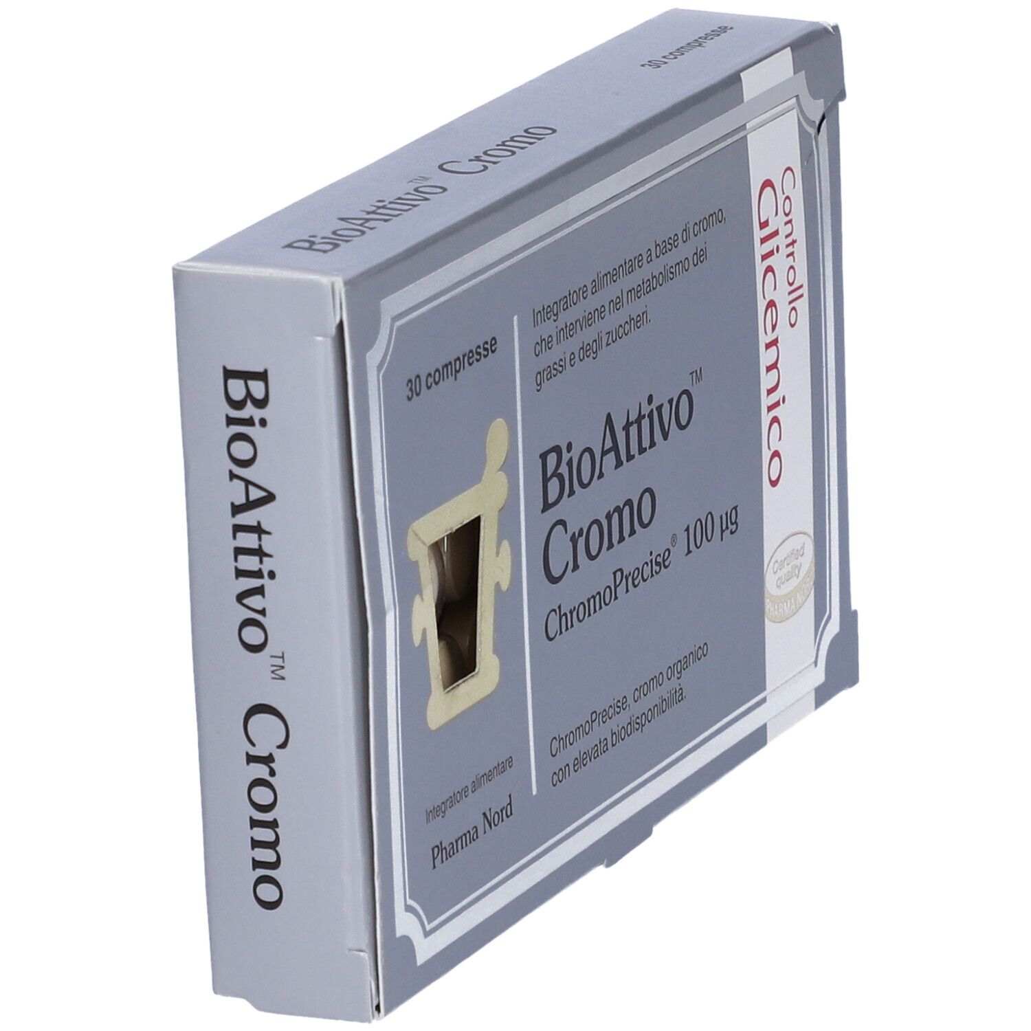 Scatola grigia di compresse. Scritto: BioAttivo Cromo, 30 compresse. Vista laterale.