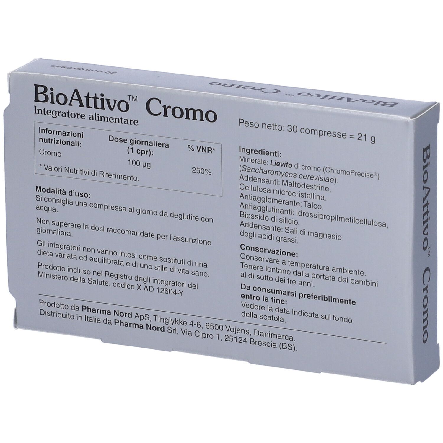 Retro di una scatola di compresse. Scritto: BioAttivo Cromo, 30 compresse. Ingredienti e istruzioni per l'uso.