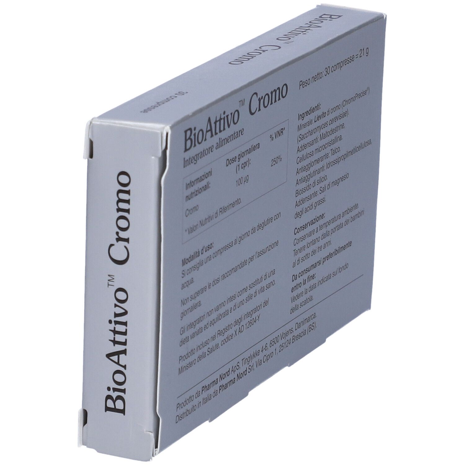 Retro di una scatola di compresse. Scritto: BioAttivo Cromo, 30 compresse. Ingredienti e istruzioni per l'uso.