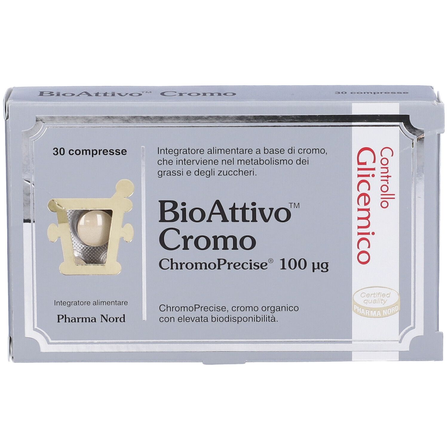 Scatola di compresse. Scritto: BioAttivo Cromo, 30 compresse, ChromoPrecise 100 µg. Con certificazione.