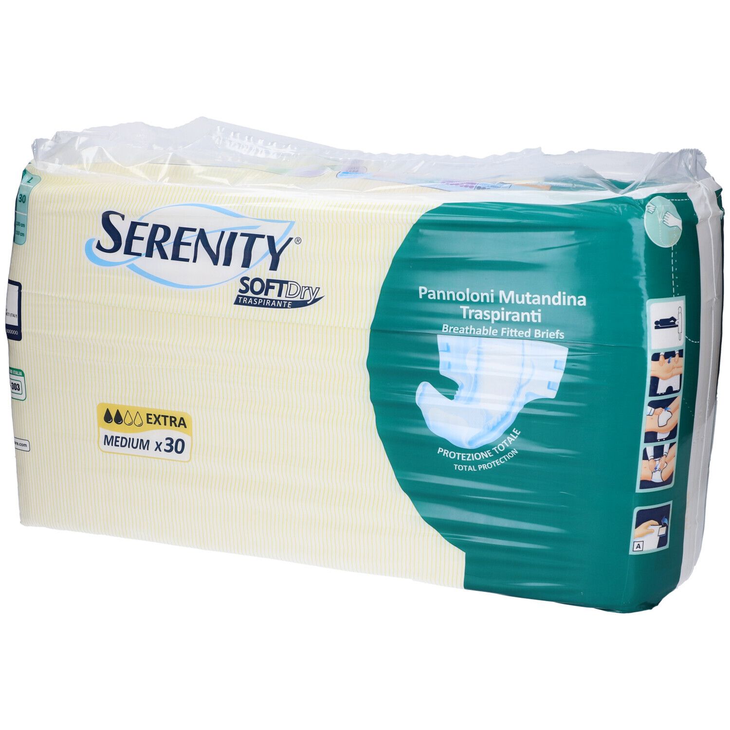 Verpackung mit Serenity SoftDry Inkontinenz-Pants. Medium, 30 Stück. Extra Saugfähigkeit. Transpirant.