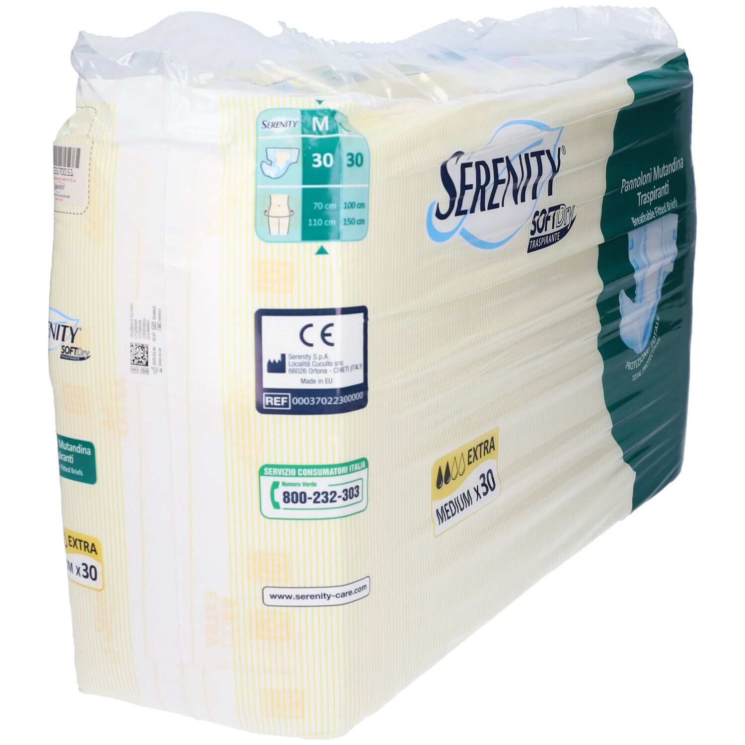 Verpackung Serenity SoftDry Inkontinenz-Pants. Medium, 30 Stück. CE-Kennzeichnung. Kontaktinformationen.