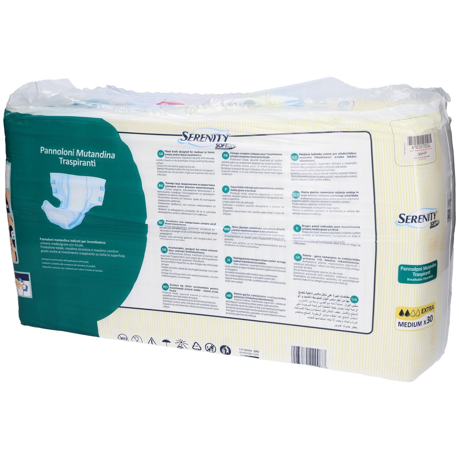 Rückseite der Serenity SoftDry Inkontinenz-Pants-Verpackung. Produktinformationen in verschiedenen Sprachen.