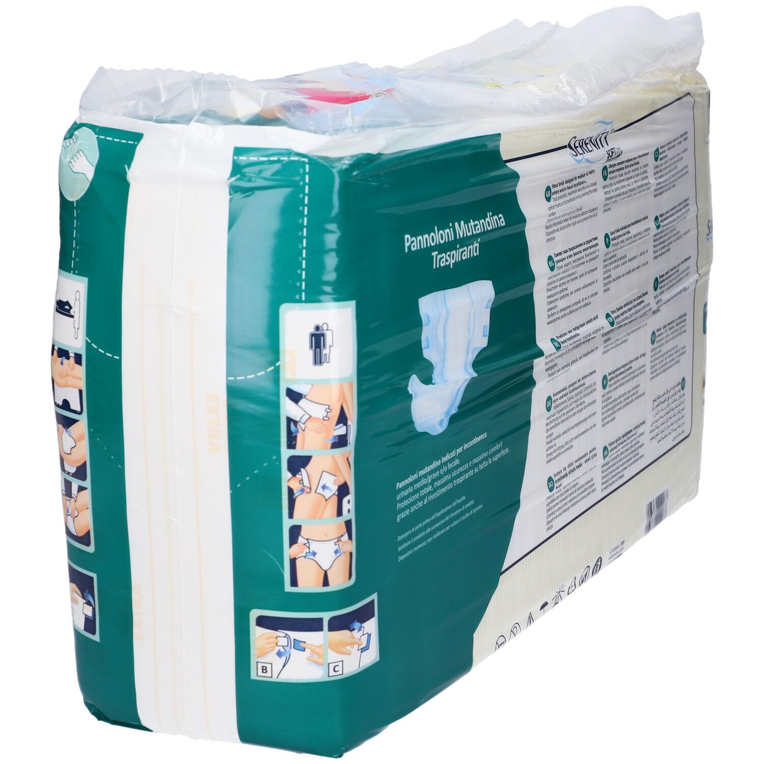 Verpackung Serenity SoftDry Inkontinenz-Pants. Illustrationen zur Anwendung. Produktinformationen.