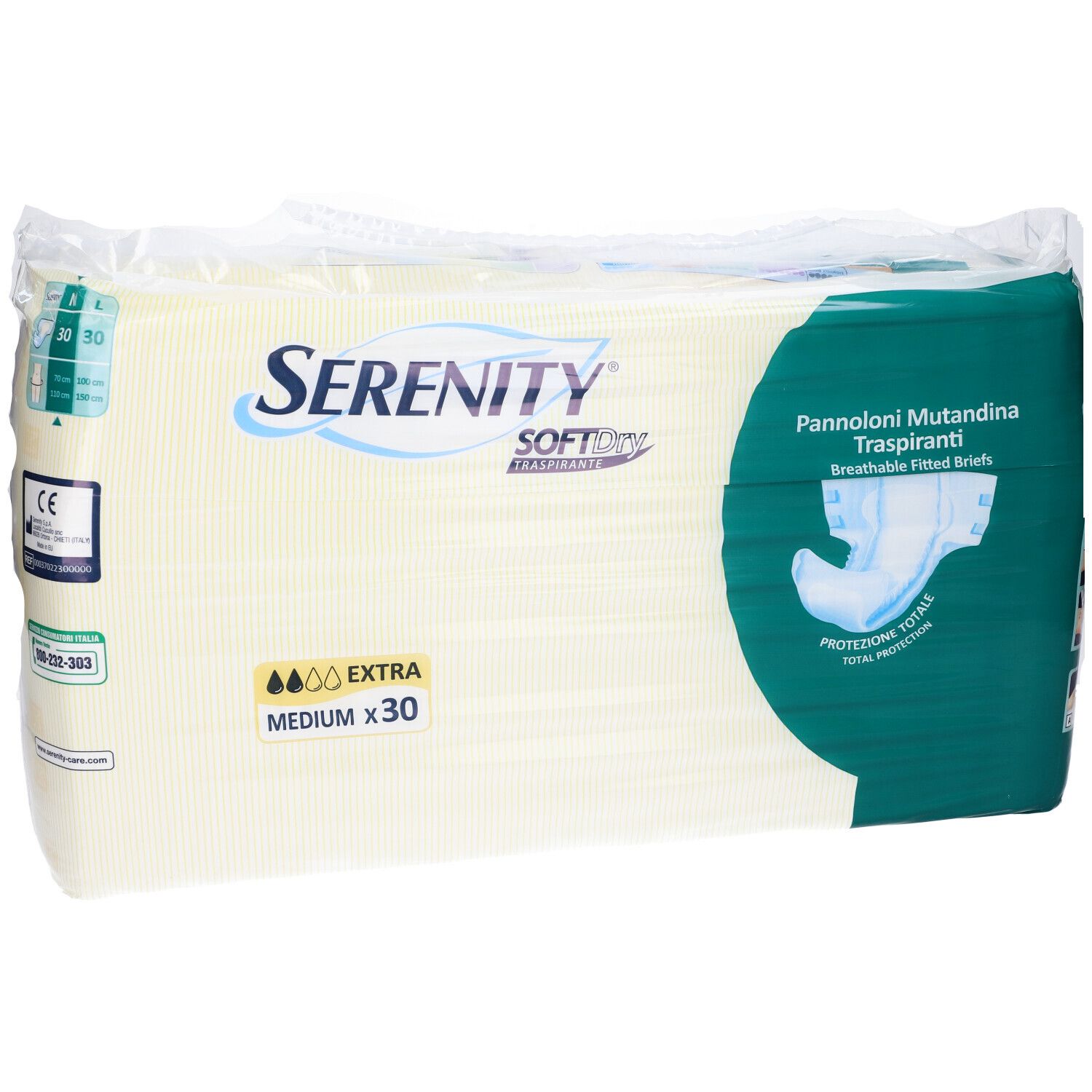Verpackung Serenity SoftDry Inkontinenz-Pants. Medium, 30 Stück. CE-Kennzeichnung. Produktinformationen.