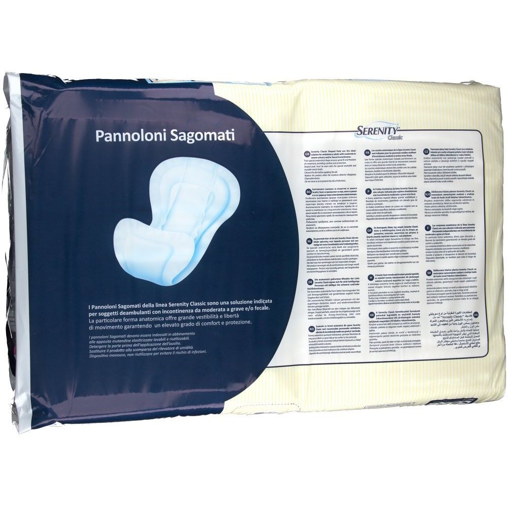 Rückseite der Verpackung von Serenity Classic Sagomato Extra. Text in mehreren Sprachen. Produktabbildung.