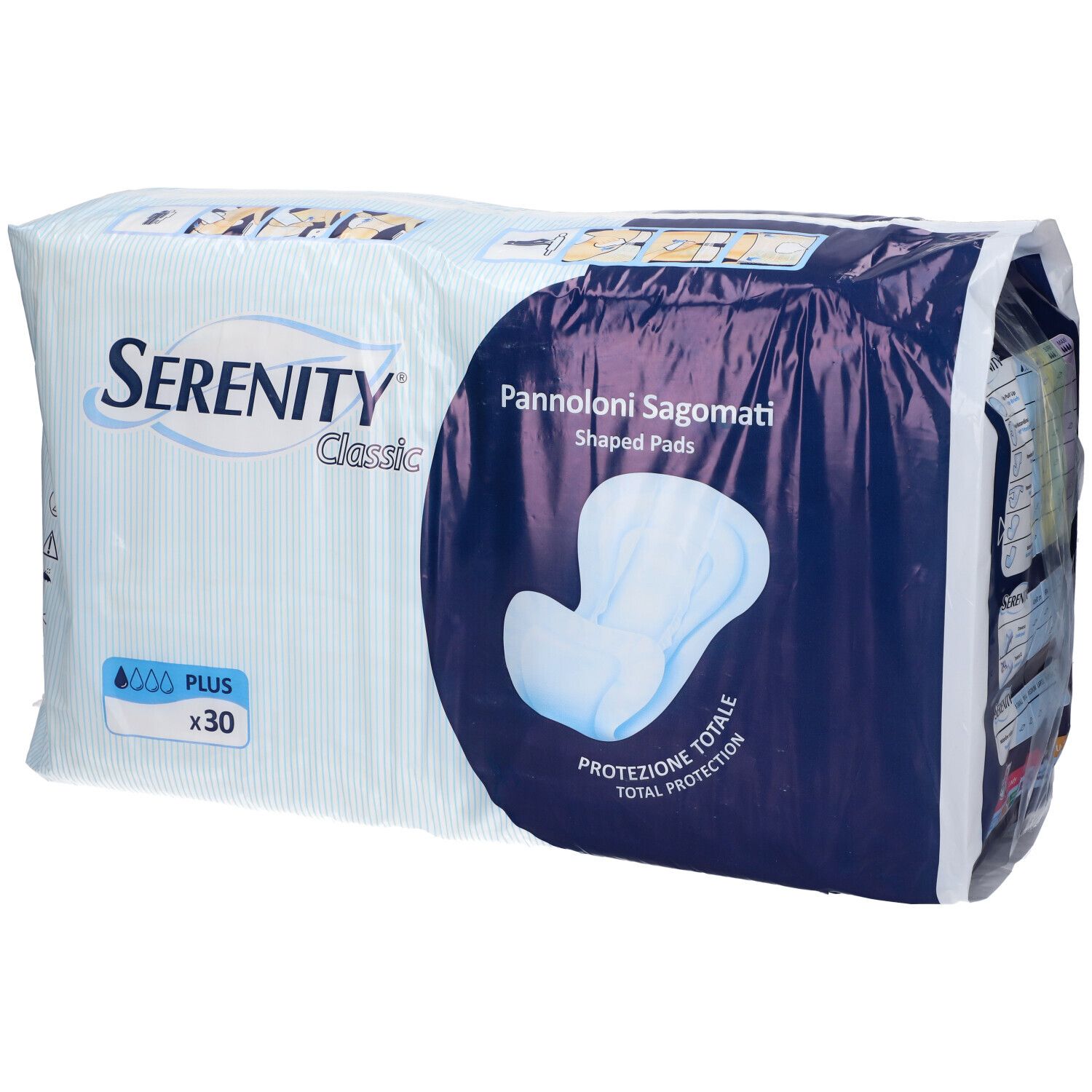 Verpackung mit Serenity Classic Plus Inkontinenzvorlagen. Aufschrift: Pannoloni Sagomati, 30 Stück. Blaue und weiße Verpackung.