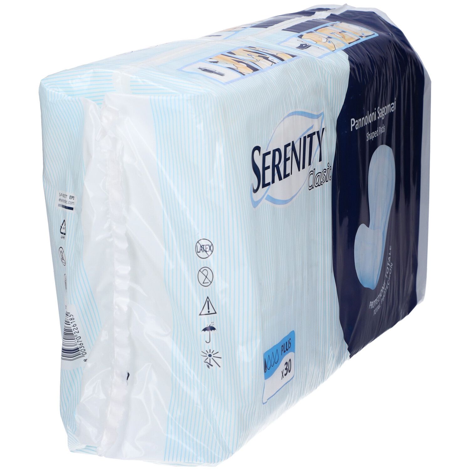 Verpackung Serenity Classic Plus Inkontinenzvorlagen. Aufschrift: Pannoloni Sagomati, 30 Stück. Blaue und weiße Verpackung.