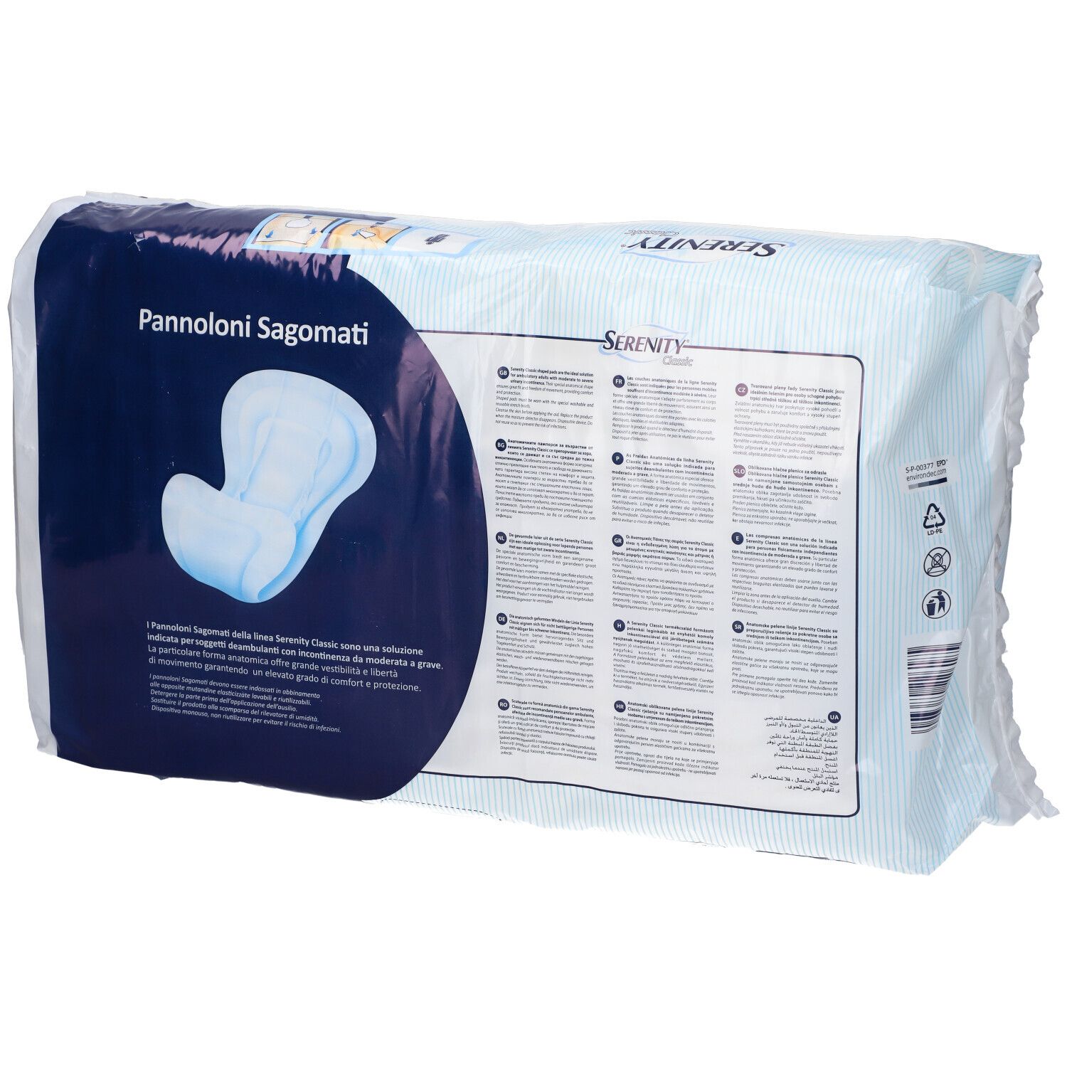 Rückseite der Verpackung mit Serenity Classic Plus Inkontinenzvorlagen. Text auf Italienisch. Blaue und weiße Verpackung.
