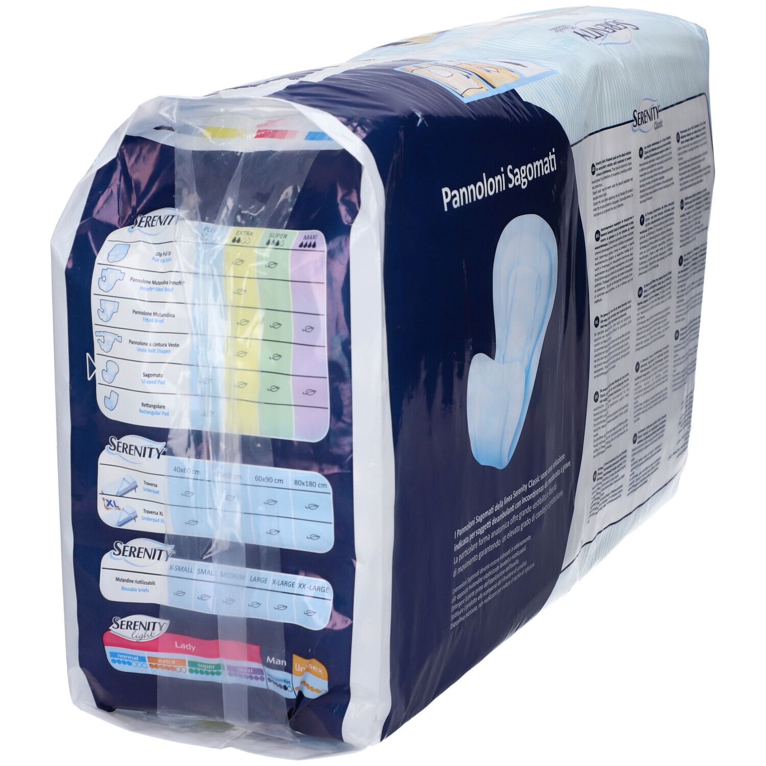 Verpackung mit Serenity Classic Plus Inkontinenzvorlagen. Größenangaben und Produktinformationen. Blaue und weiße Verpackung.
