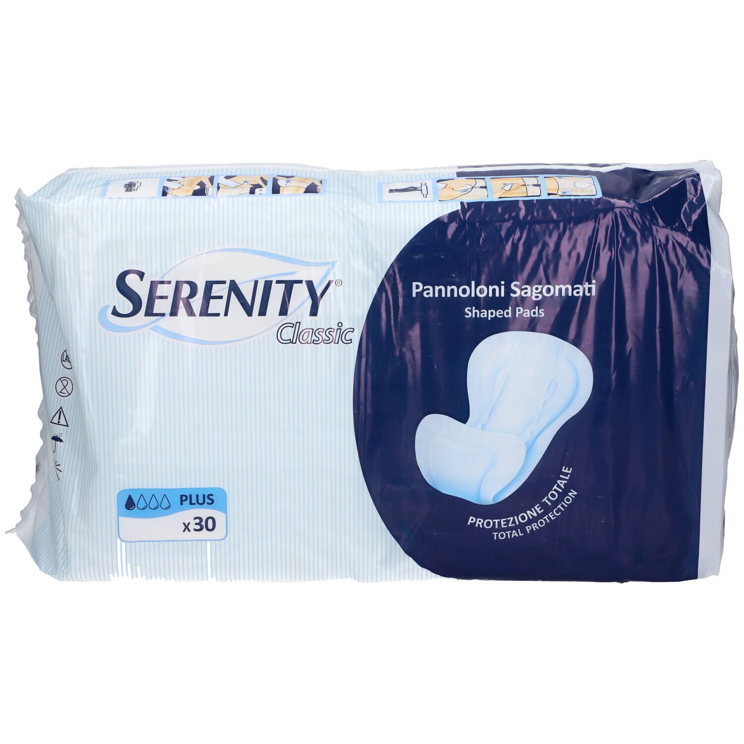 Verpackung mit Serenity Classic Plus Inkontinenzvorlagen. Aufschrift: Pannoloni Sagomati, 30 Stück. Blaue und weiße Verpackung.