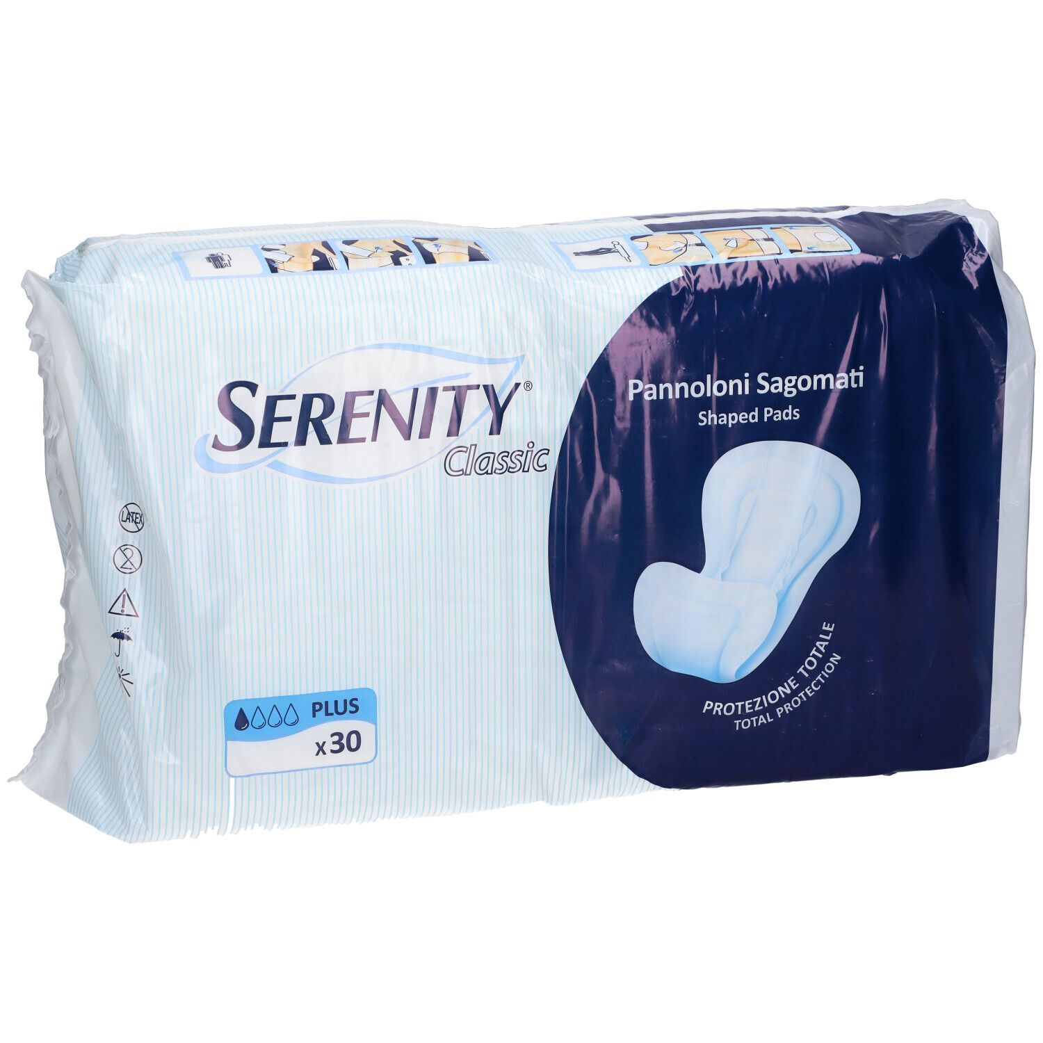 Verpackung mit Serenity Classic Plus Inkontinenzvorlagen. Aufschrift: Pannoloni Sagomati, 30 Stück. Blaue und weiße Verpackung.