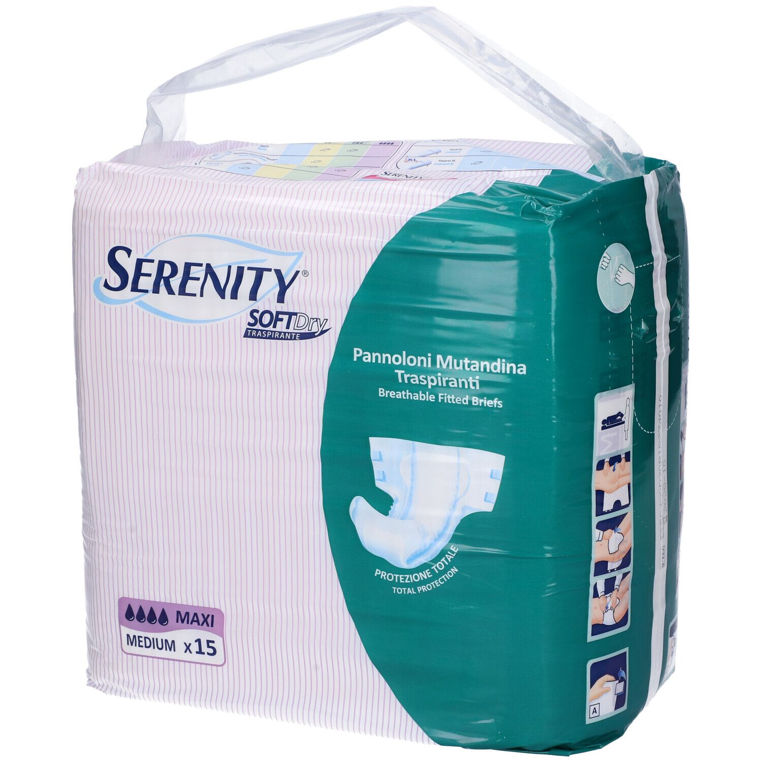 Verpackung von Serenity Softdry Maxi Windelhosen, Medium, 15 Stück. Grün-weißes Design mit Produktabbildung.