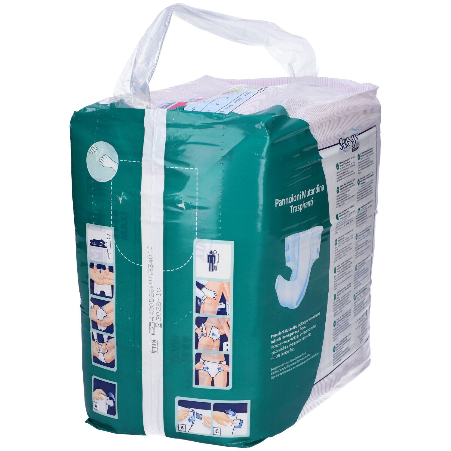 Seite der Serenity Softdry Windelhosen-Verpackung mit Anwendungsbeispielen und Produktabbildung.