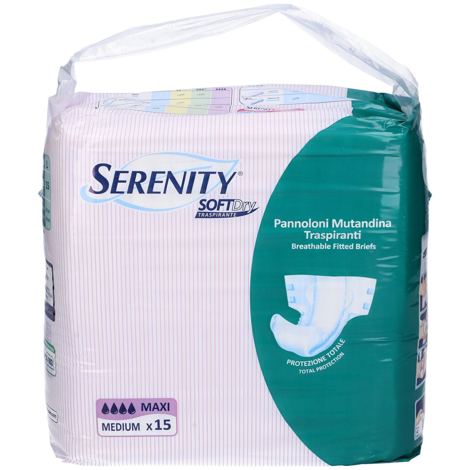 Verpackung von Serenity Softdry Maxi Windelhosen, Medium, 15 Stück. Grün-weißes Design mit Produktabbildung.