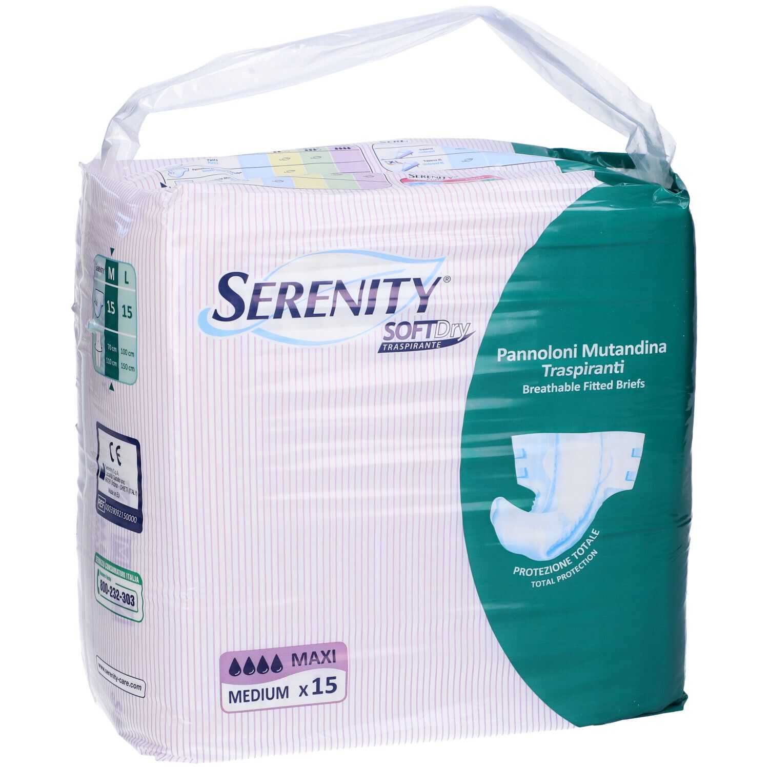 Verpackung von Serenity Softdry Windelhosen. Größenangaben M und L. CE-Kennzeichnung und Kontaktinformationen.