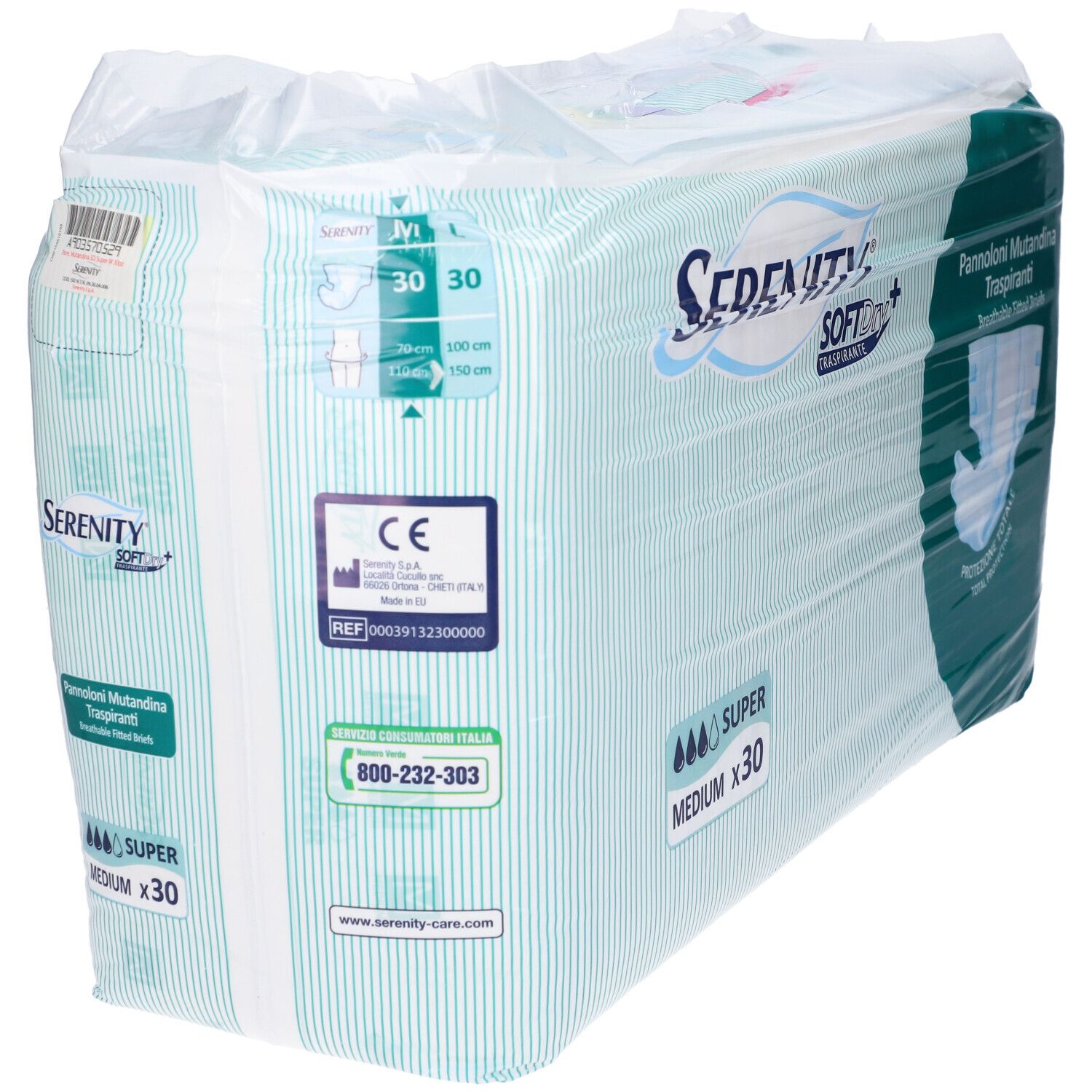 Verpackung mit Inkontinenz-Pannoloni. Marke Serenity Softdry, Medium, x30. Mit CE-Kennzeichnung und Kontaktinformationen.