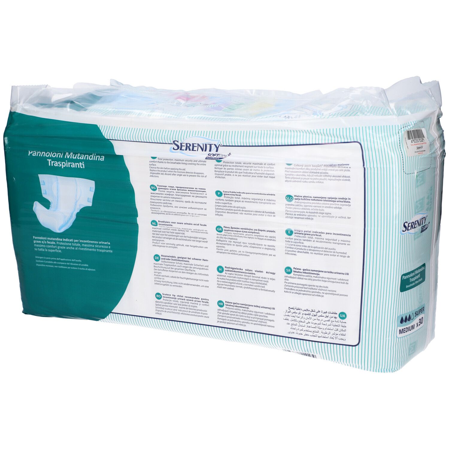 Rückseite der Pannoloni-Verpackung. Text in mehreren Sprachen, Produktabbildung, Marke Serenity.