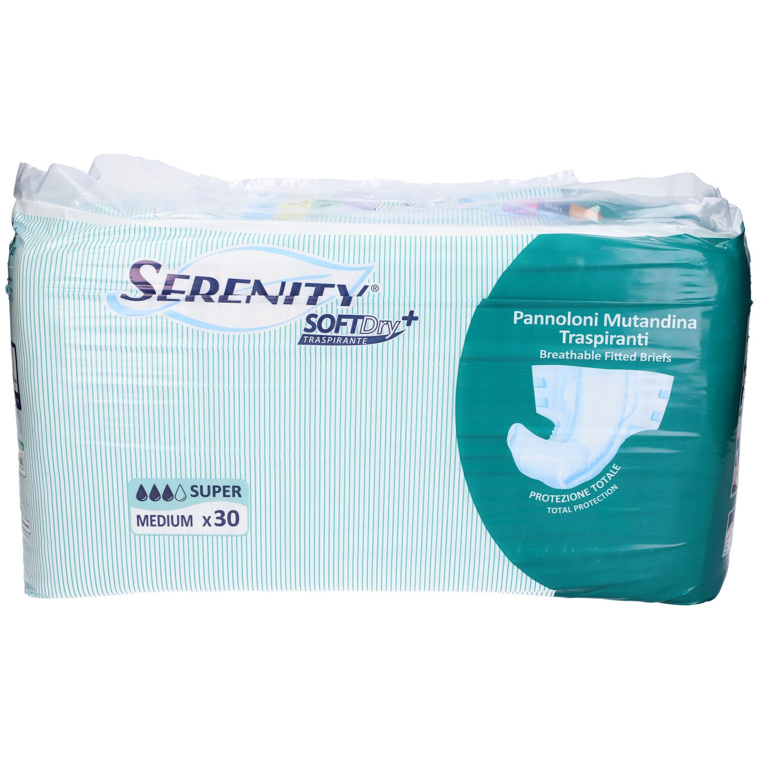 Verpackung mit Inkontinenz-Pannoloni. Marke Serenity Softdry, Super, Medium, x30. Grün-weißes Design.