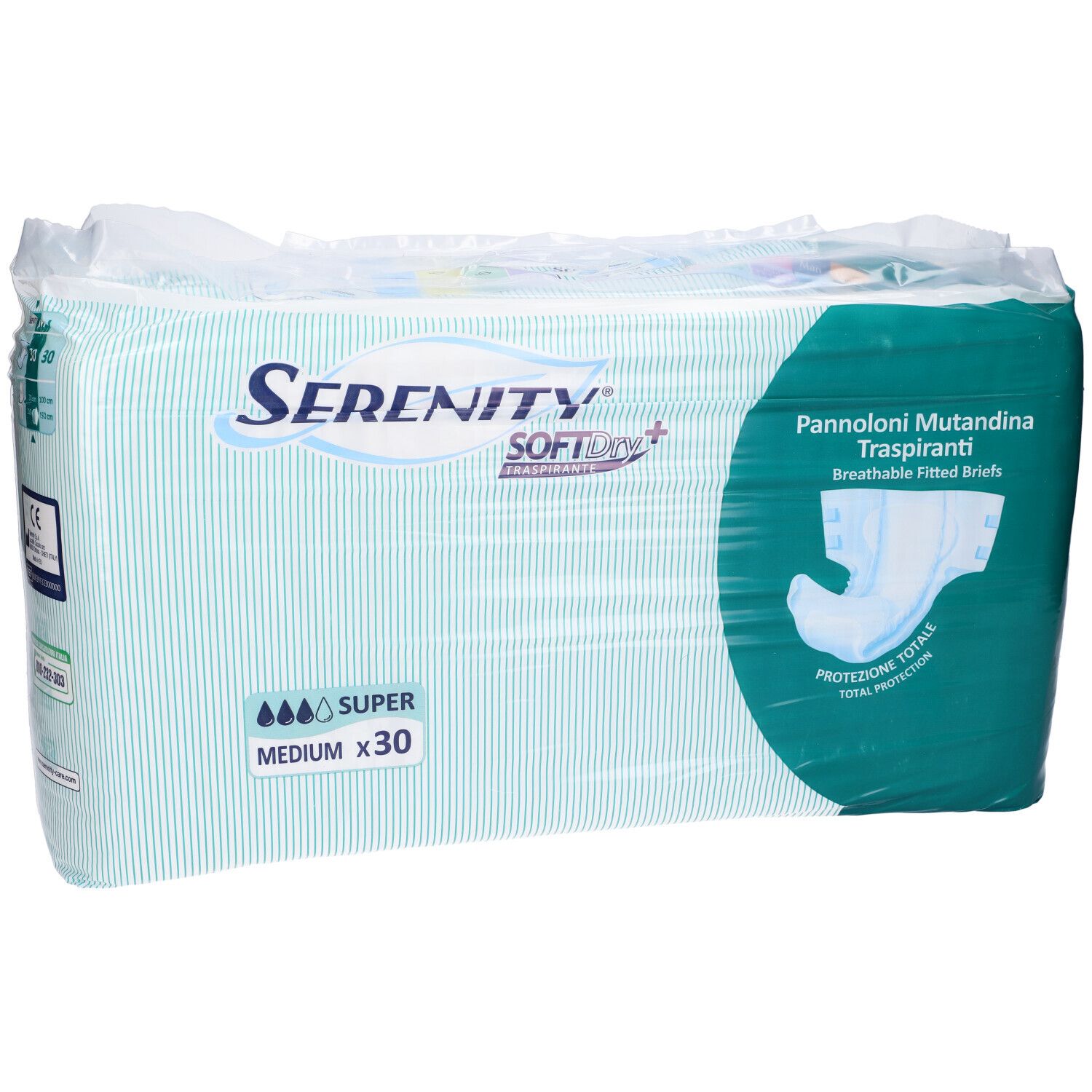 Verpackung mit Inkontinenz-Pannoloni. Marke Serenity Softdry, Super, Medium, x30. Grün-weißes Design.