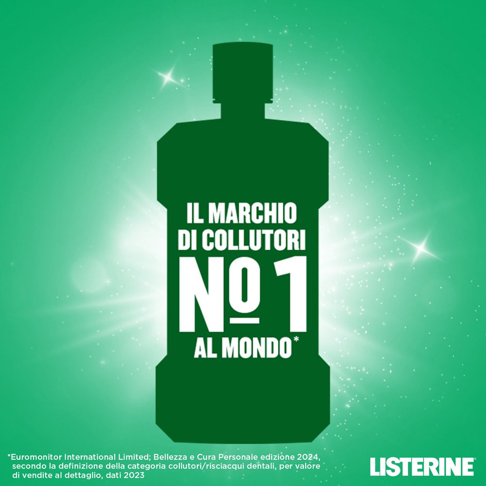 Grüne Flasche mit der Aufschrift "Il Marchio di Collutori No. 1 al Mondo". Listerine Logo unten rechts.