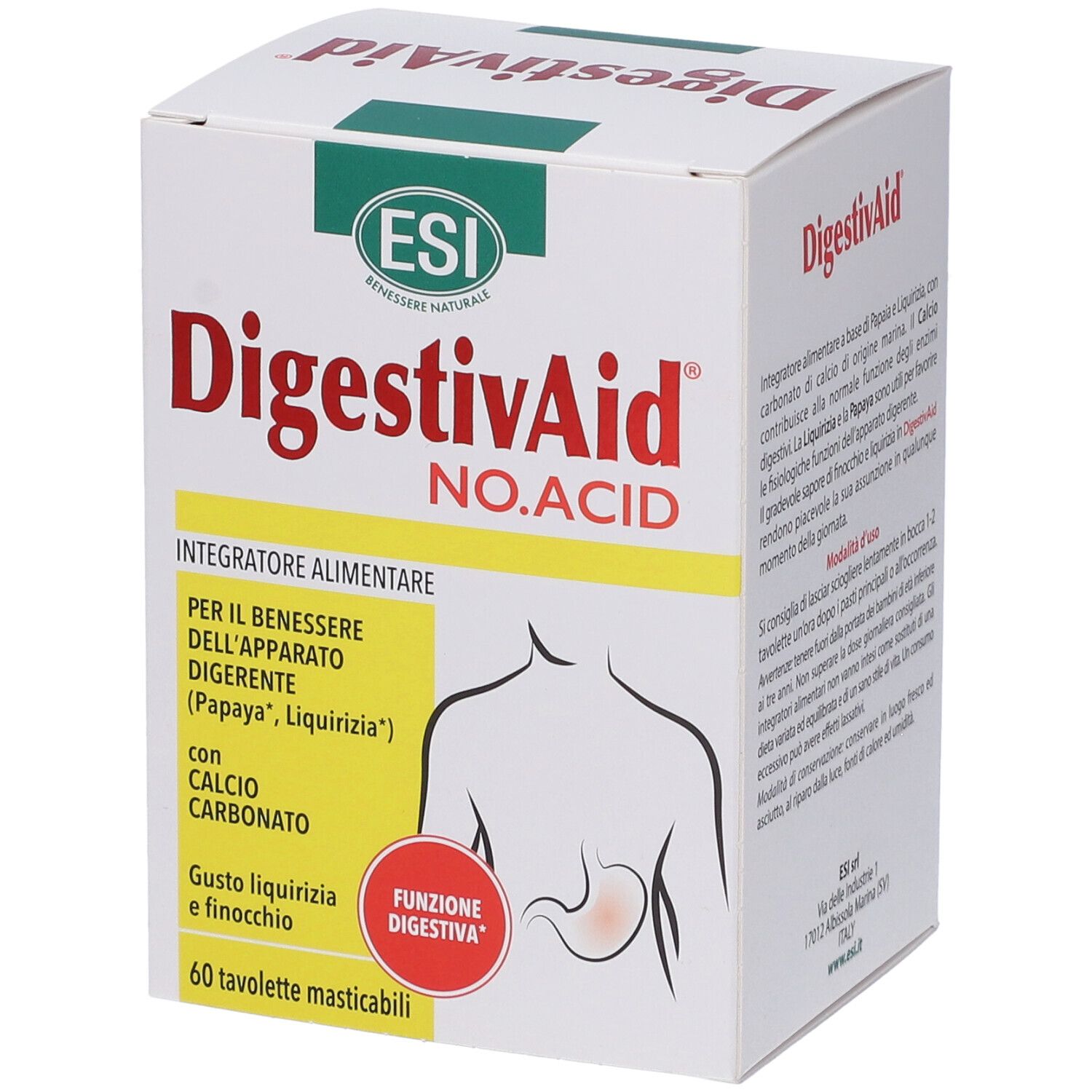 Weiße Schachtel mit roter und grüner Schrift. Aufschrift: DigestivAid NO. ACID. Mit Illustration des Verdauungstrakts. ESI-Logo.