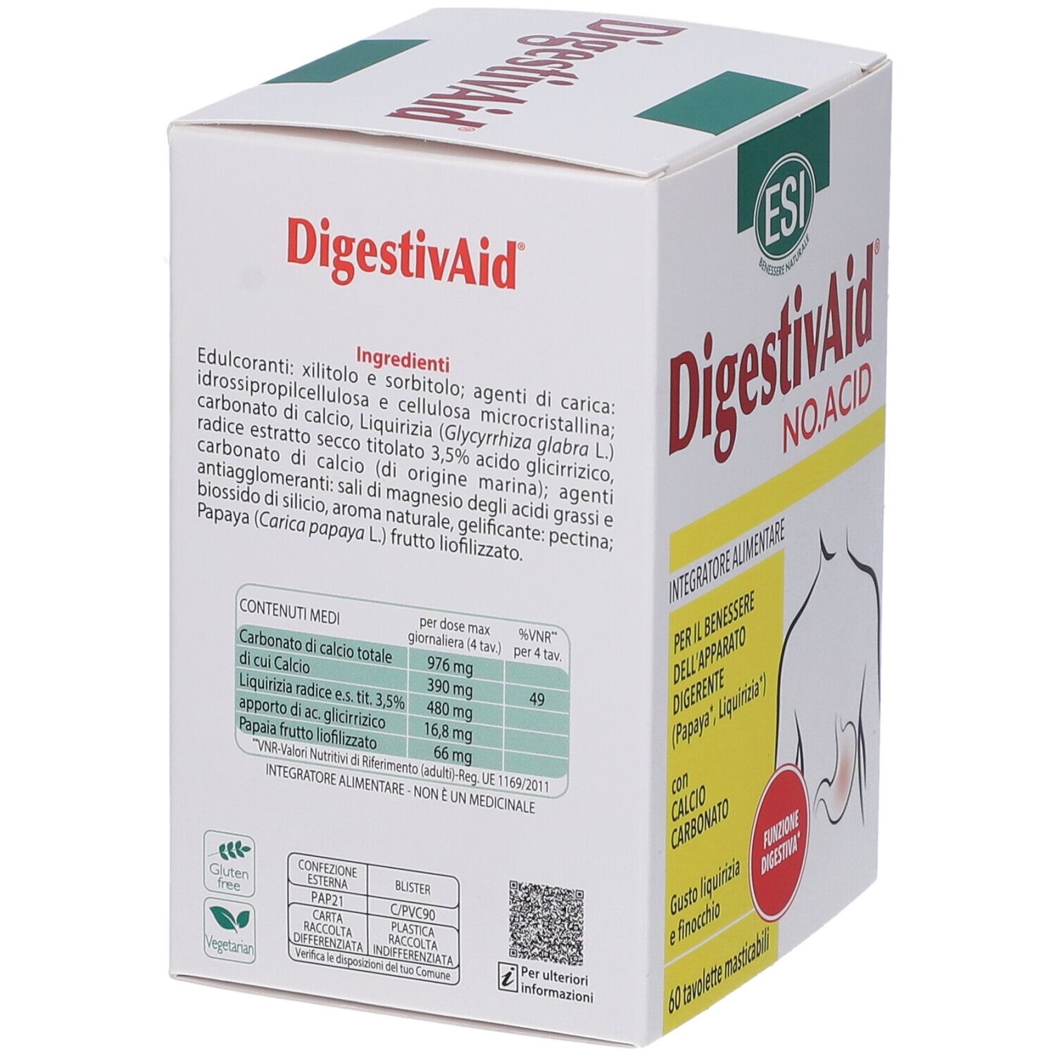 Weiße Schachtel mit roter und grüner Schrift. Aufschrift: DigestivAid NO. ACID. Zutatenliste und Nährwertangaben. Glutenfrei-Logo.