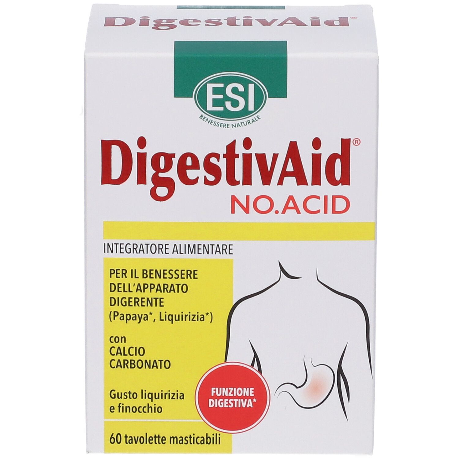 Weiße Schachtel mit roter und grüner Schrift. Aufschrift: DigestivAid NO. ACID. Enthält 60 Tabletten. Illustration des Verdauungstrakts.